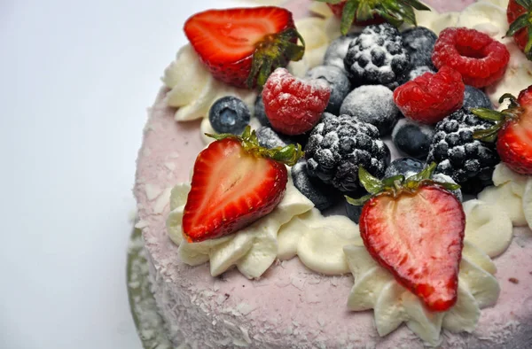 Pink Cake Topped Fresh Strawberries Raspberries Blackberries Whipped Cream — Stock Photo, Image