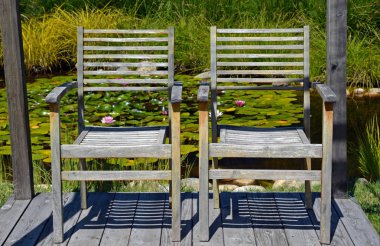 Ahşap sandalyeler lily pad su birikintisi arka plan ile sabitlemek