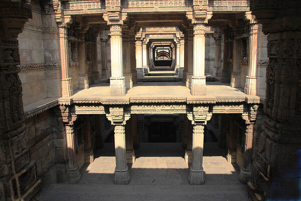 Fantastic stone pillared canopy over Adalaj Step Well at Ahmedabad, Gujarath, India, Asia