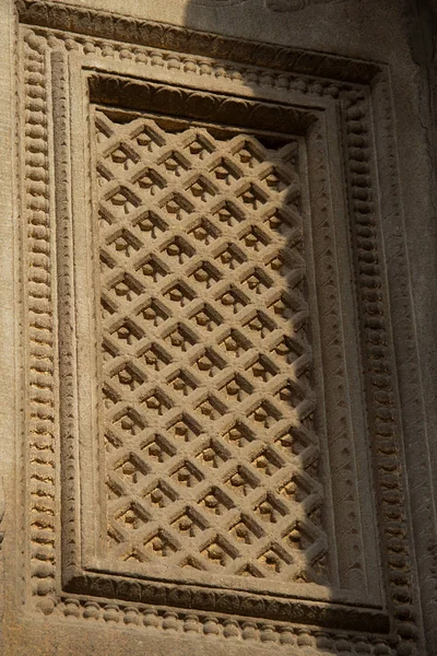 Stone Carved Highly Decorative Vertical Panel Geometrical Pattern Meenakshi Temple — Stock Photo, Image