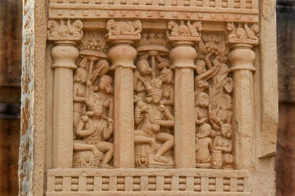 Reis Vida Esculpida Pedra Pilar Stupa Sanchi Perto Bhopal Madhya — Fotografia de Stock