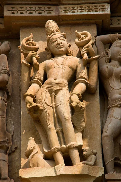 Escultura Parede Pedra Templo Lakshman Sob Grupo Ocidental Templos Khajuraho — Fotografia de Stock