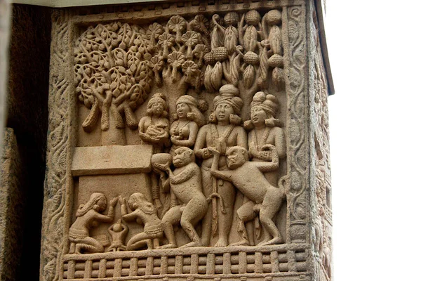 Interesting Story Telling Bas Relief Sculpture Stone Pillar Stupa Sanchi — Stock Photo, Image