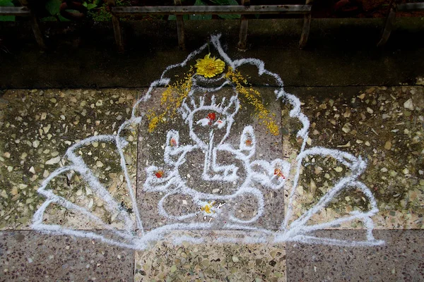 Esboço Ganesha Rangoli Arte Indiana Desenhar Vários Desenhos Usando Pedra — Fotografia de Stock