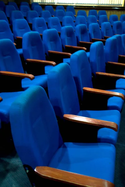 Sièges Rembourrés Couleur Bleu Foncé Avec Accoudoirs Bois Dans Salle — Photo