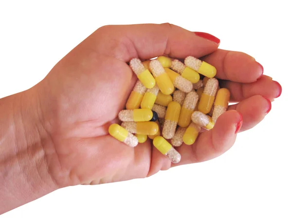 Handen Zijn Het Houden Van Pillen Geïsoleerd Witte Achtergrond Met Stockafbeelding