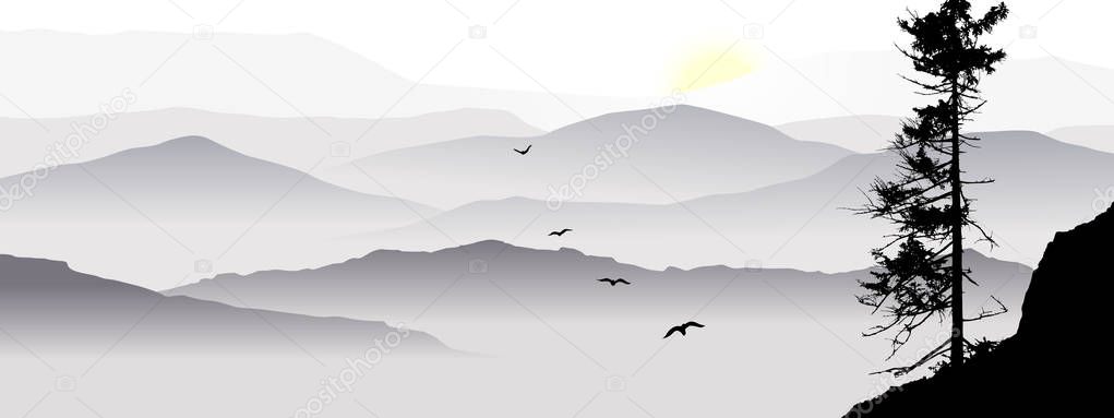 The mountain view with flying birds during a sunrise