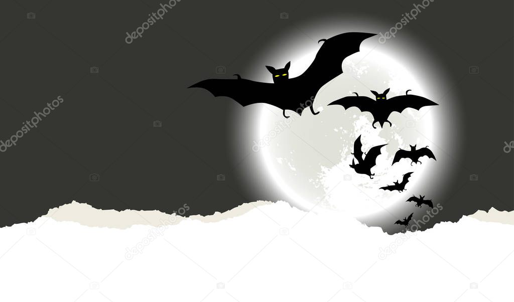 Full moon and flying bats. Halloween background with place for your text