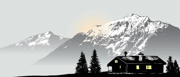 Вид Горы Одиноким Домом — стоковый вектор