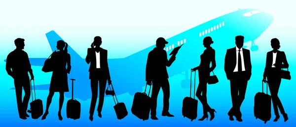 Business Travel People Airport Global Team Vector Silhouettes — Stock Vector