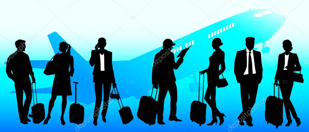 Business travel, people at the airport - global team - vector silhouettes