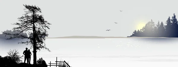 Пара Смотрит Восход Солнца Озере Векторная Иллюстрация Мир Тишина — стоковый вектор