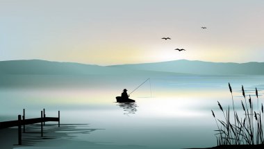 Sunrise göl ve bir balıkçı teknesi - vektör çizim