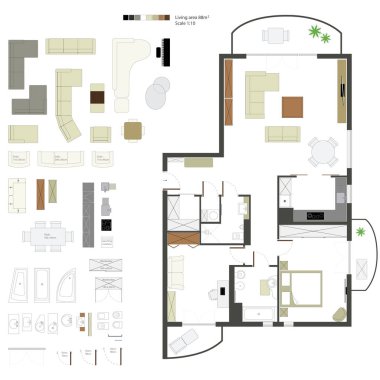 Mobilyalı düz projeksiyon. Hazır ol. Ölçek 1: 10