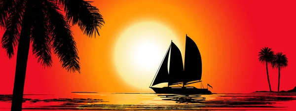 Une soirée tropicale. Coucher de soleil avec les palmiers et le bateau. Paysage — Image vectorielle