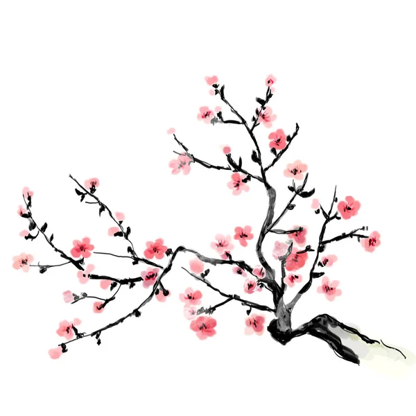 Une branche florissante de la cerise, la peinture. L'art japonais. Bitmap — Photo