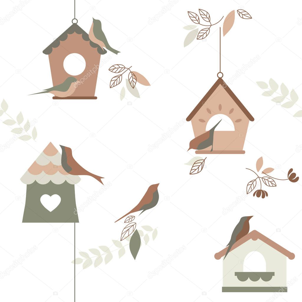 Bird breeding houses, wallpaper, repeating pattern, vector illus