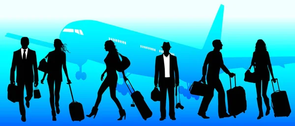 Business travel, people at the airport - global team — Stock Vector