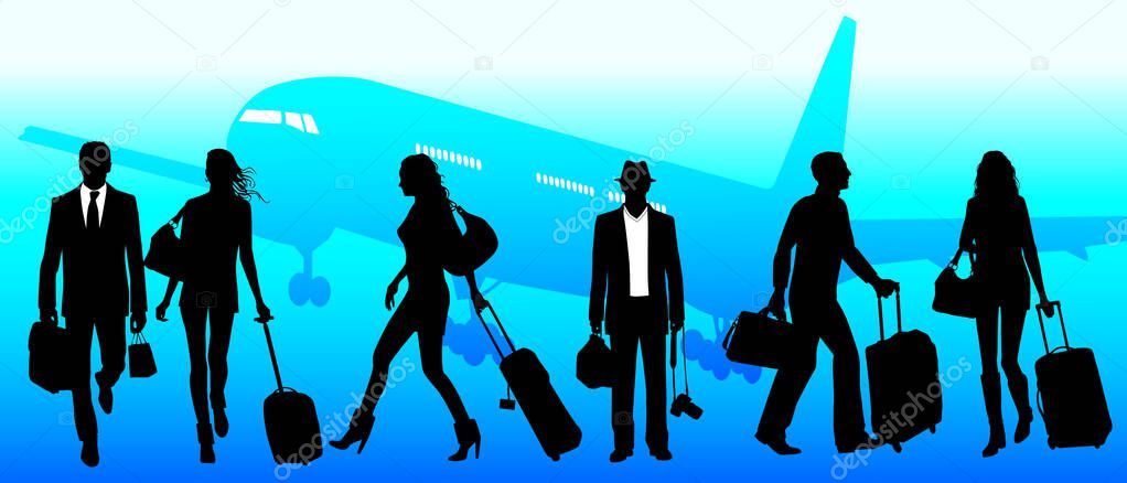 Business travel, people at the airport - global team