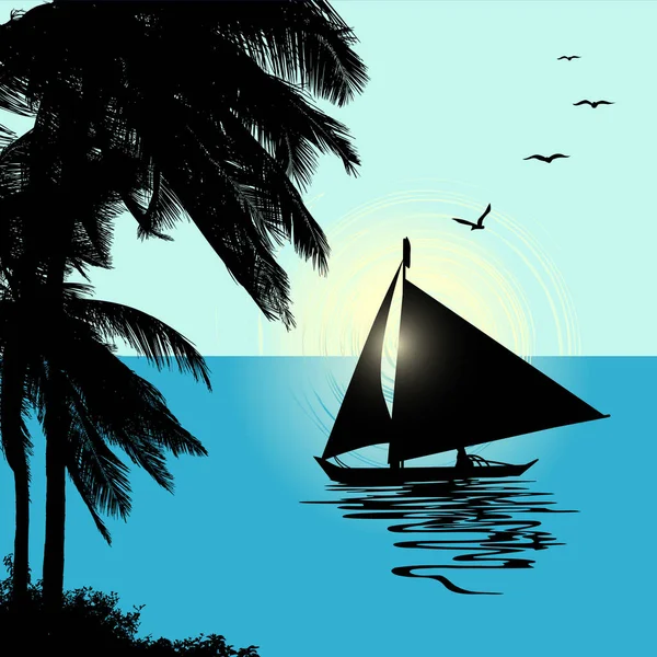 Paysage Tropical Coucher Soleil Avec Bateau Illustration Vectorielle — Image vectorielle