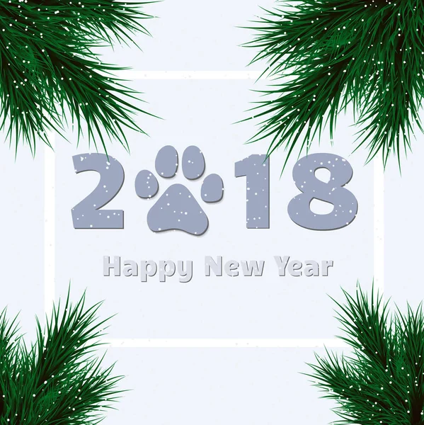 Happy New Year 2018. Lettering and fir with dog paw.