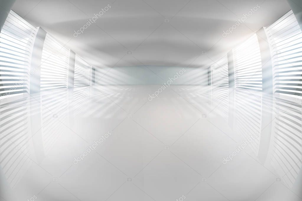Empty hall with the windows. The rays of the sun coming through the blinds. Vector illustration.