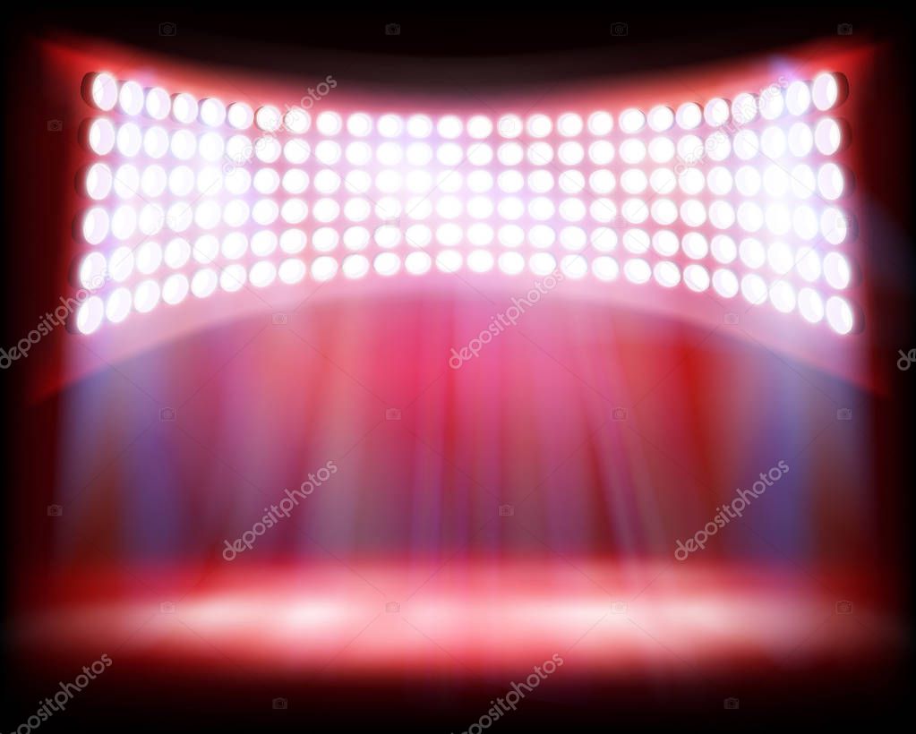 Illuminated stage on the stadium. Red background. Vector illustration.