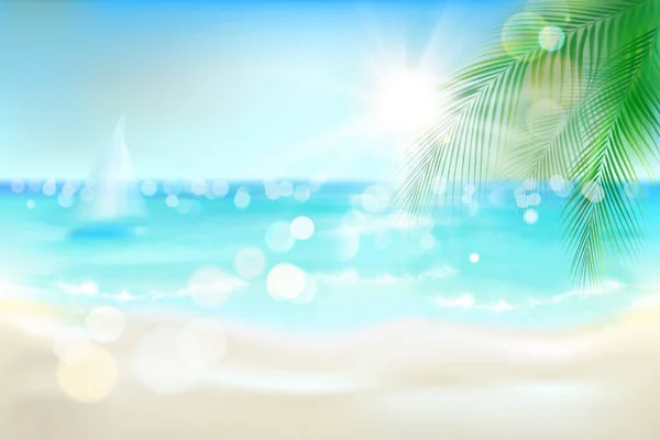 ヤシの木と太陽が降り注ぐビーチの眺め ベクトル図 — ストックベクタ