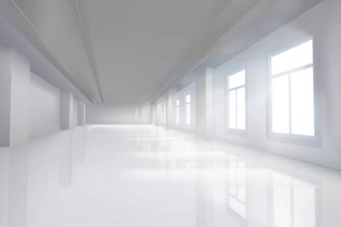 Oda büyük pencereler ile. Boş ofis iç. Güneş ışınları aydınlatıcı. Vektör çizim.