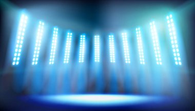 Stadyum ışıklı sahnede. Parlak projektörler. Vektör çizim.