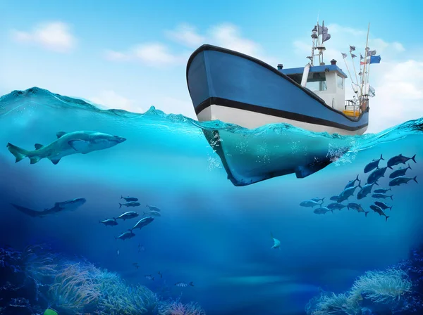 Fiskebåt Havet Undervattensvy Korallrev Illustration — Stockfoto