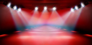 Gösteri sırasında sahne podyum. Kırmızı arka plan. Vektör Illustration.