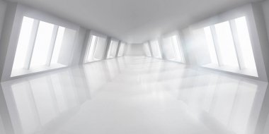 Pencerelerin bulunduğu büyük salon. Boş aydınlatılmış iç mekan. Beyaz oda. Vektör Illustration.