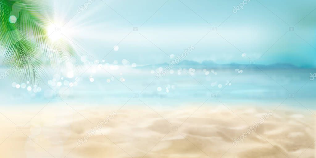 View of the sunny beach. Tropical resort. Vector Illustration.