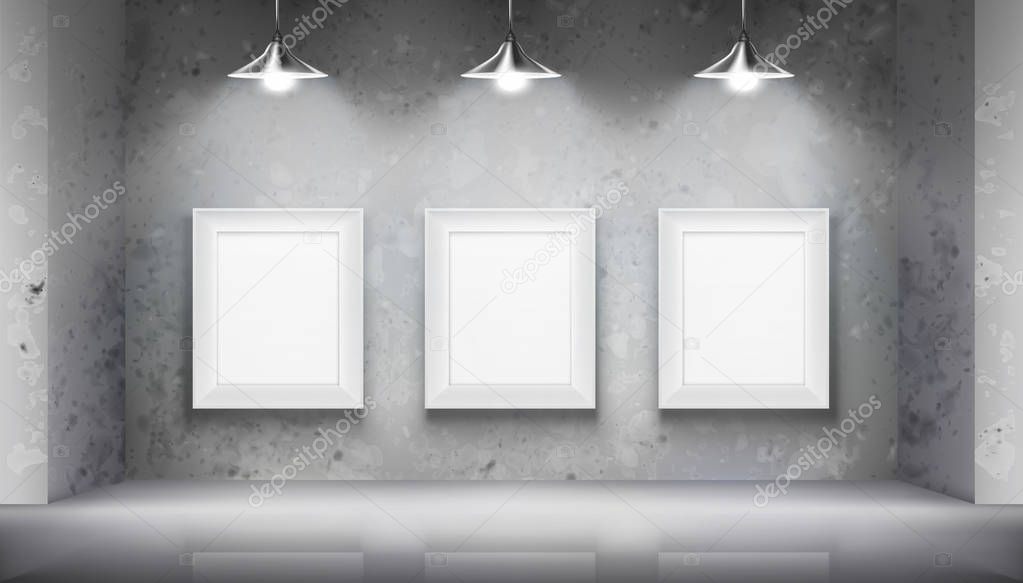 Empty frames in art gallery. Vector illustration.