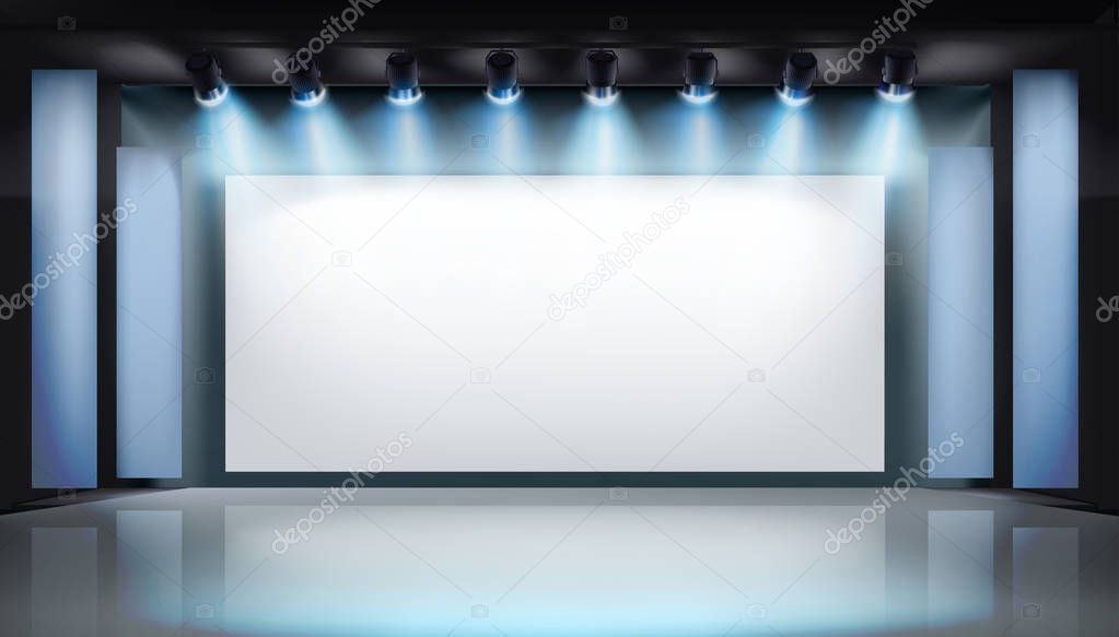 Projection screen on stage. Vector illustration.