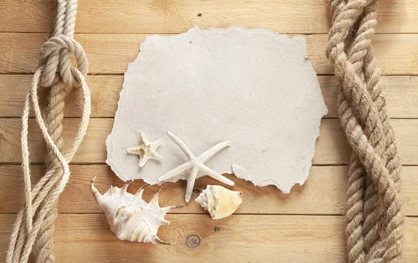 Old Sheet Paper Board Ship Shells Starfish Wooden Background — Stock Photo, Image