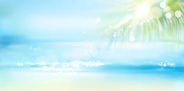 夏にヤシの木と砂浜 海岸の波 海の上の日の出 ベクターイラスト — ストックベクタ