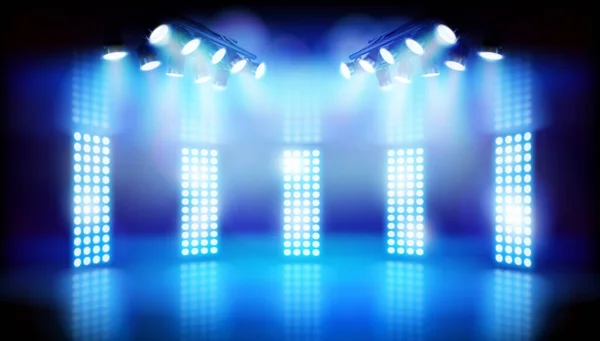 ショー中にスポットライトで照らされたテレビスタジオ ステージ上の青いライト 展覧会の場所 ベクターイラスト — ストックベクタ