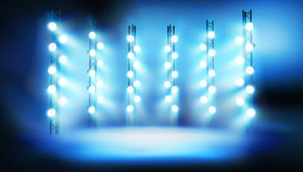 Oświetlona Scena Stadionie Niebieskie Tło Świecące Reflektory Ilustracja Wektora — Wektor stockowy