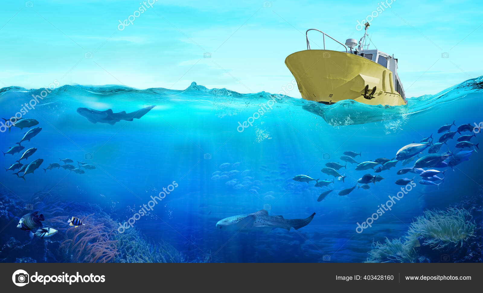 Fishing Boat Sea Large School Fish Ocean Underwater World Sea — Stock Photo  © silvae #403428160