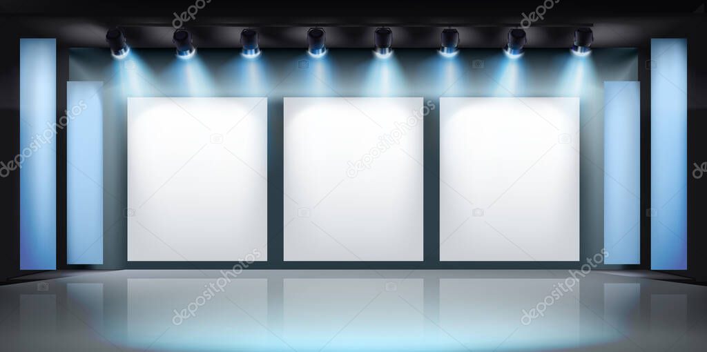 Show in art gallery. Free space for product display or advertising. Large projection screens on the stage. Vector illustration.