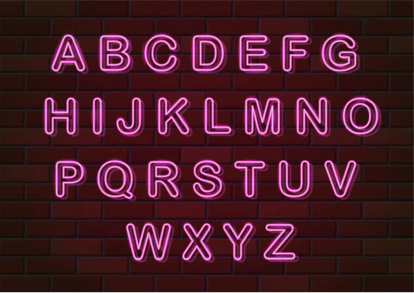 Gloeiende Neon Letters Engels Alfabet Vectorillustratie Bakstenen Muur Achtergrond — Stockvector