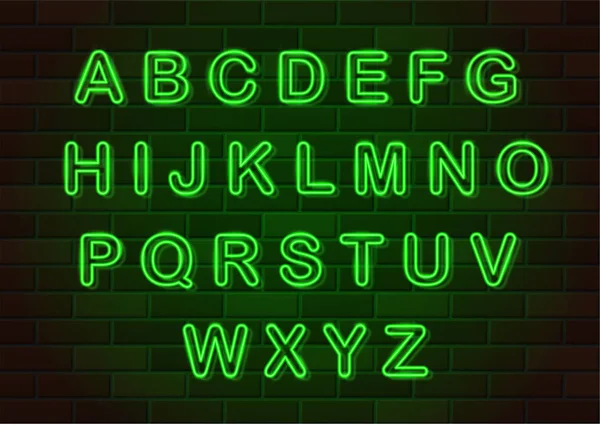 Gloeiende Neon Letters Engels Alfabet Vectorillustratie Bakstenen Muur Achtergrond — Stockvector