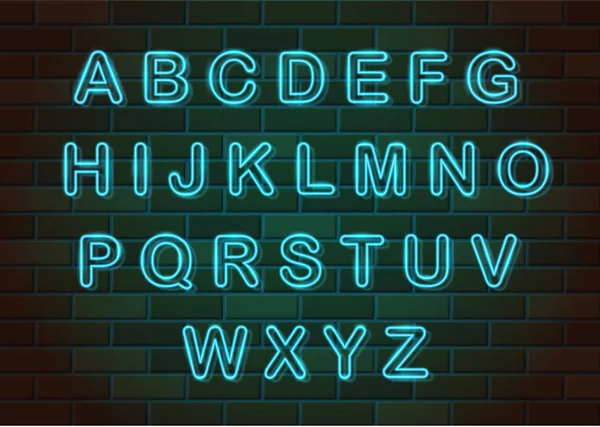 Leuchtende Neon Buchstaben Englisch Alphabet Vektor Illustration Auf Backstein Wand — Stockvektor