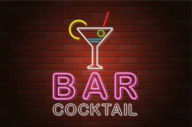parlak neon tabela bira vektör çizim tuğla duvar arka plan üzerinde bar