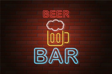 parlak neon tabela bira vektör çizim tuğla duvar arka plan üzerinde bar
