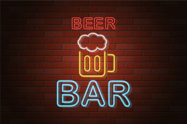 Glowing Neon Signboard Beer Bar Vector Illustration Brick Wall Background — Stock Vector
