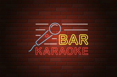 parlak neon tabela karaoke bar vektör çizim tuğla duvar arka plan üzerinde