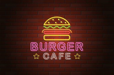 parlak neon tabela burger Cafe vektör çizim tuğla duvar arka plan üzerinde